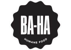 A black and white logo for ba-ha humane food