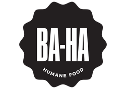 A black and white logo for ba-ha humane food