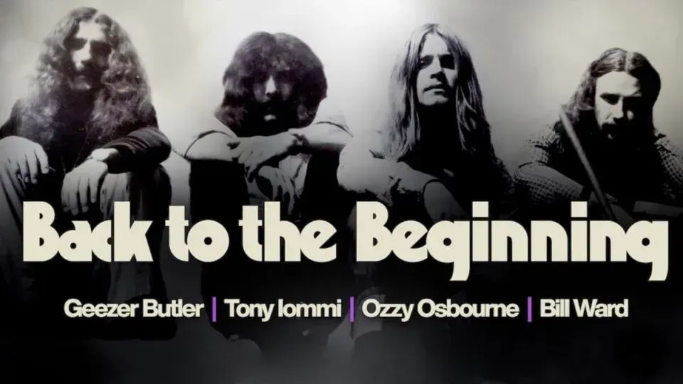 Black Sabbath band members: Geezer Butler, Tony Iommi, Ozzy Osbourne, and Bill Ward, with 