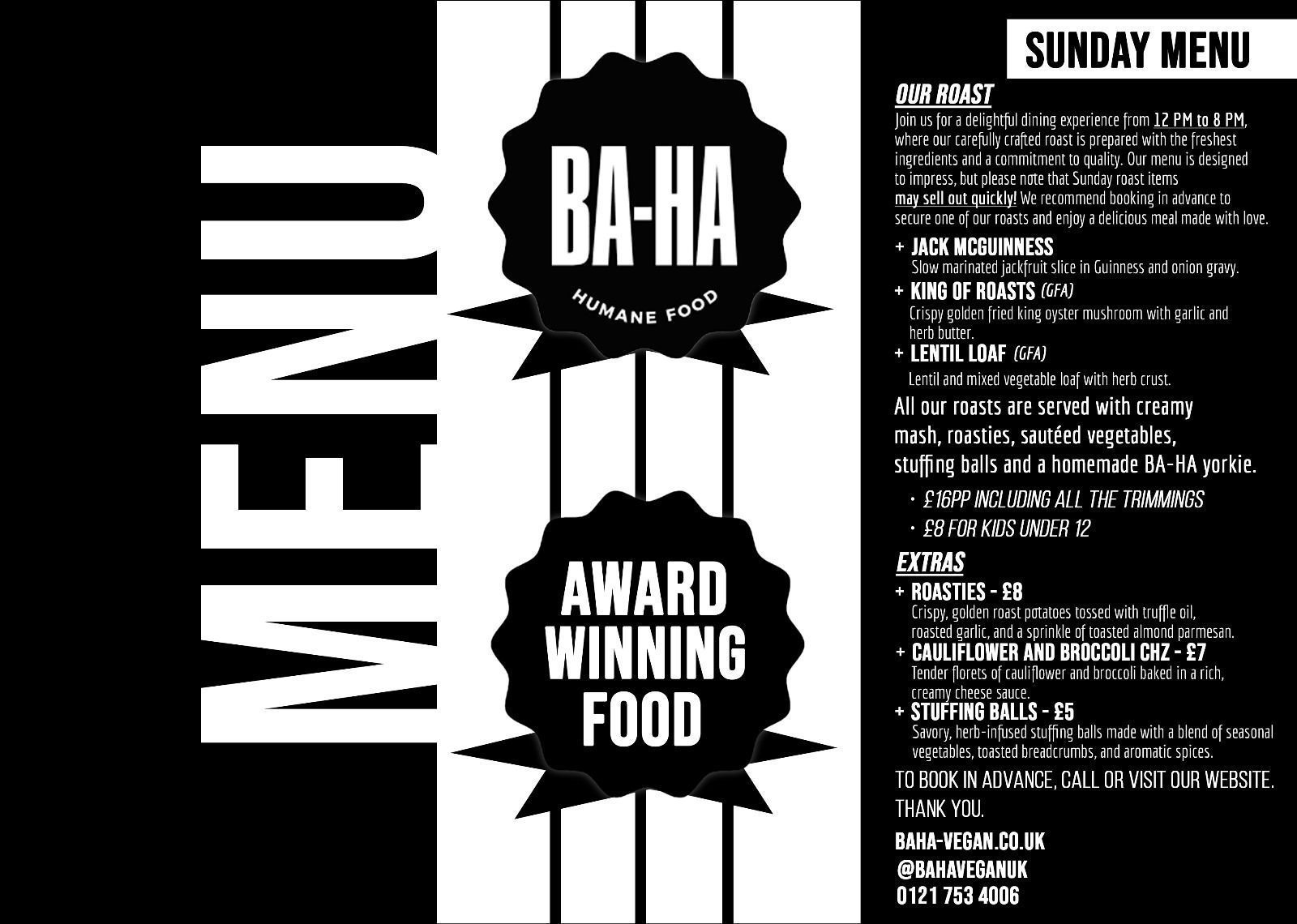 Black and white menu for Ba-Ha restaurant with logo and Sunday menu items listed.