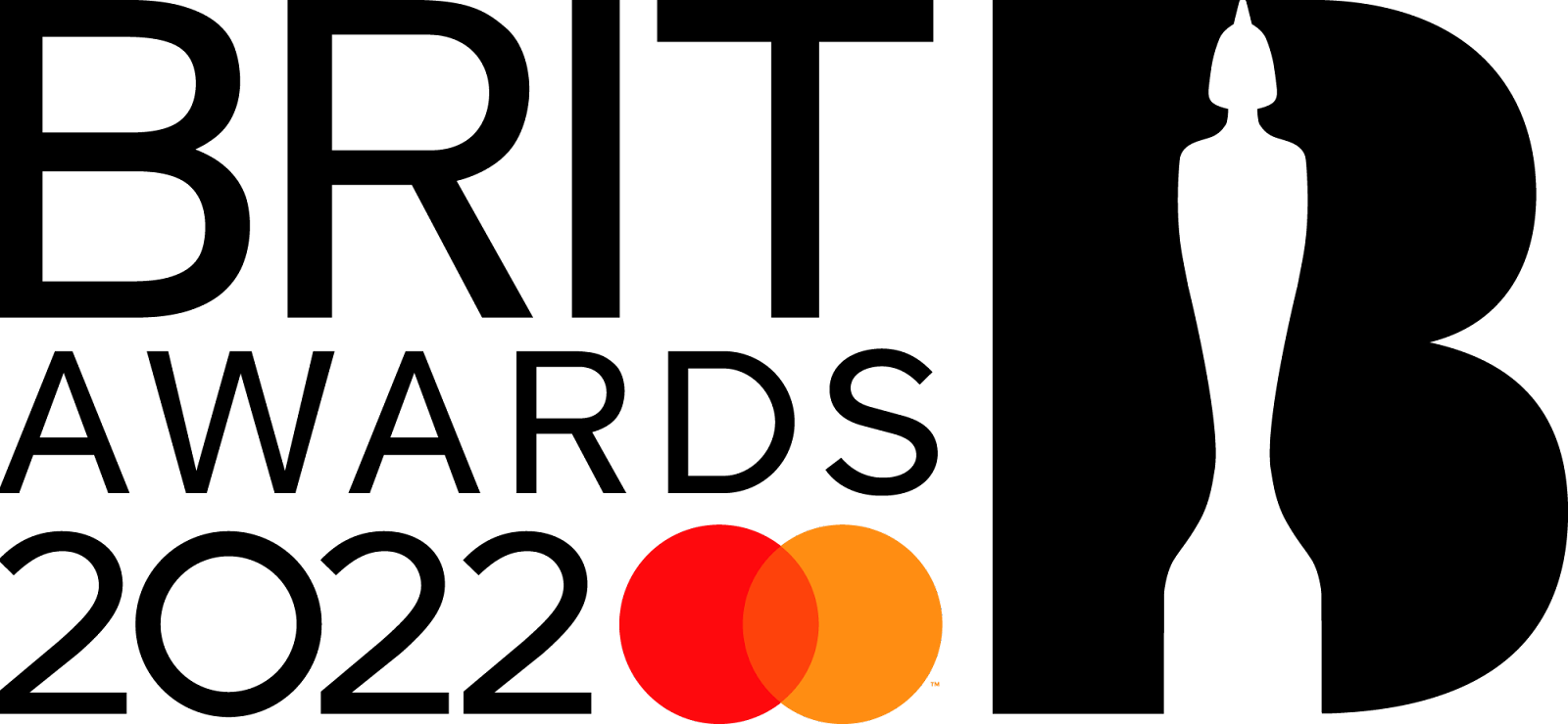 The BRIT Awards 2022 logo with text, red/orange circles, and a black stylized statue in a 