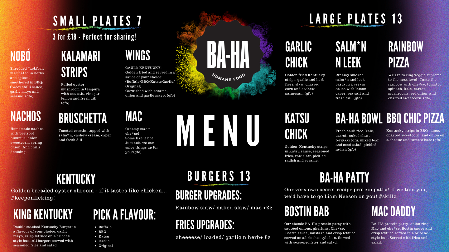 BAHA at The Rainbow Menus Small plates Mains Burgers Sides