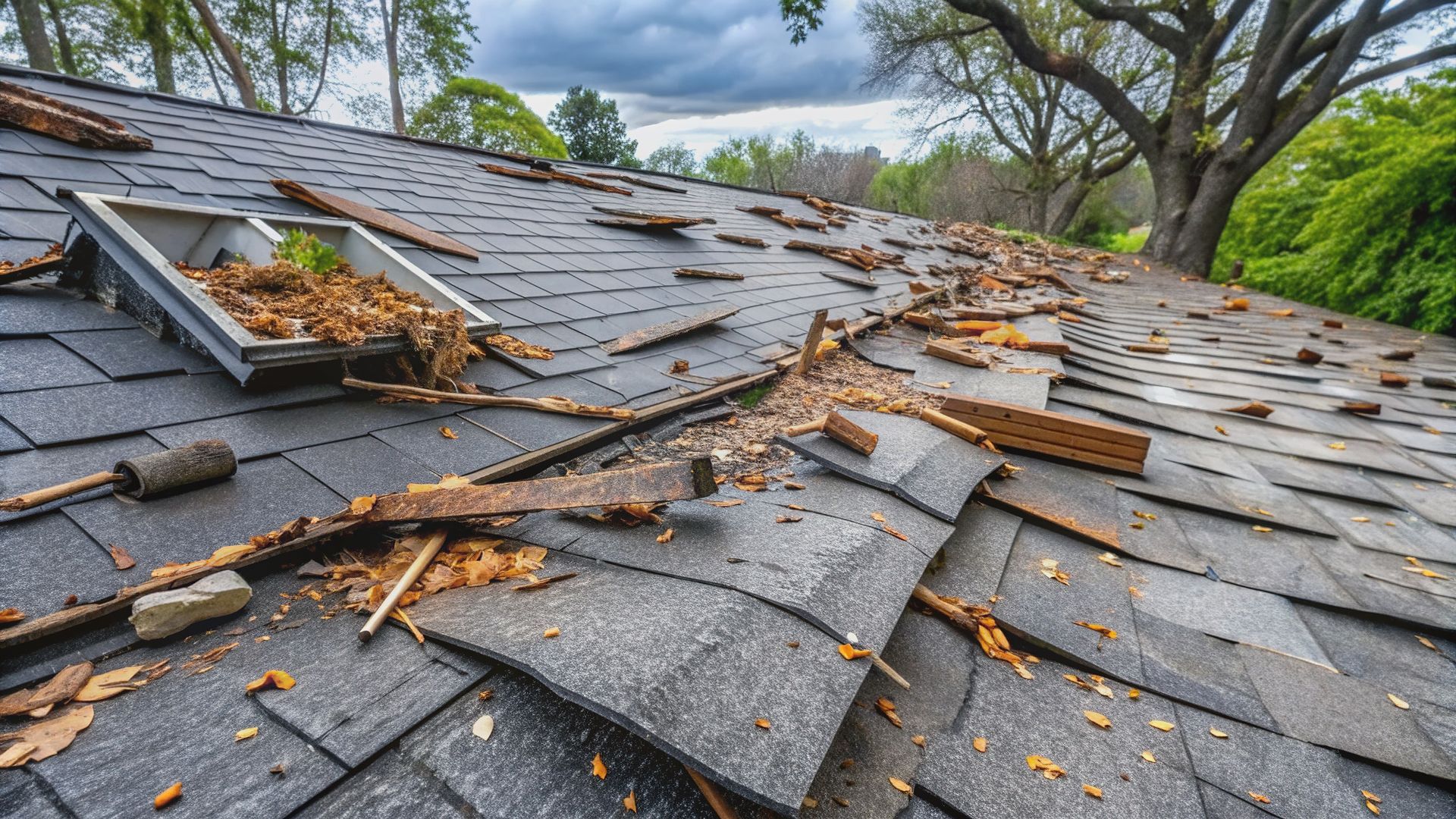 Storm-damaged roof with lifted and broken shingles, showing the need for professional roof replaceme