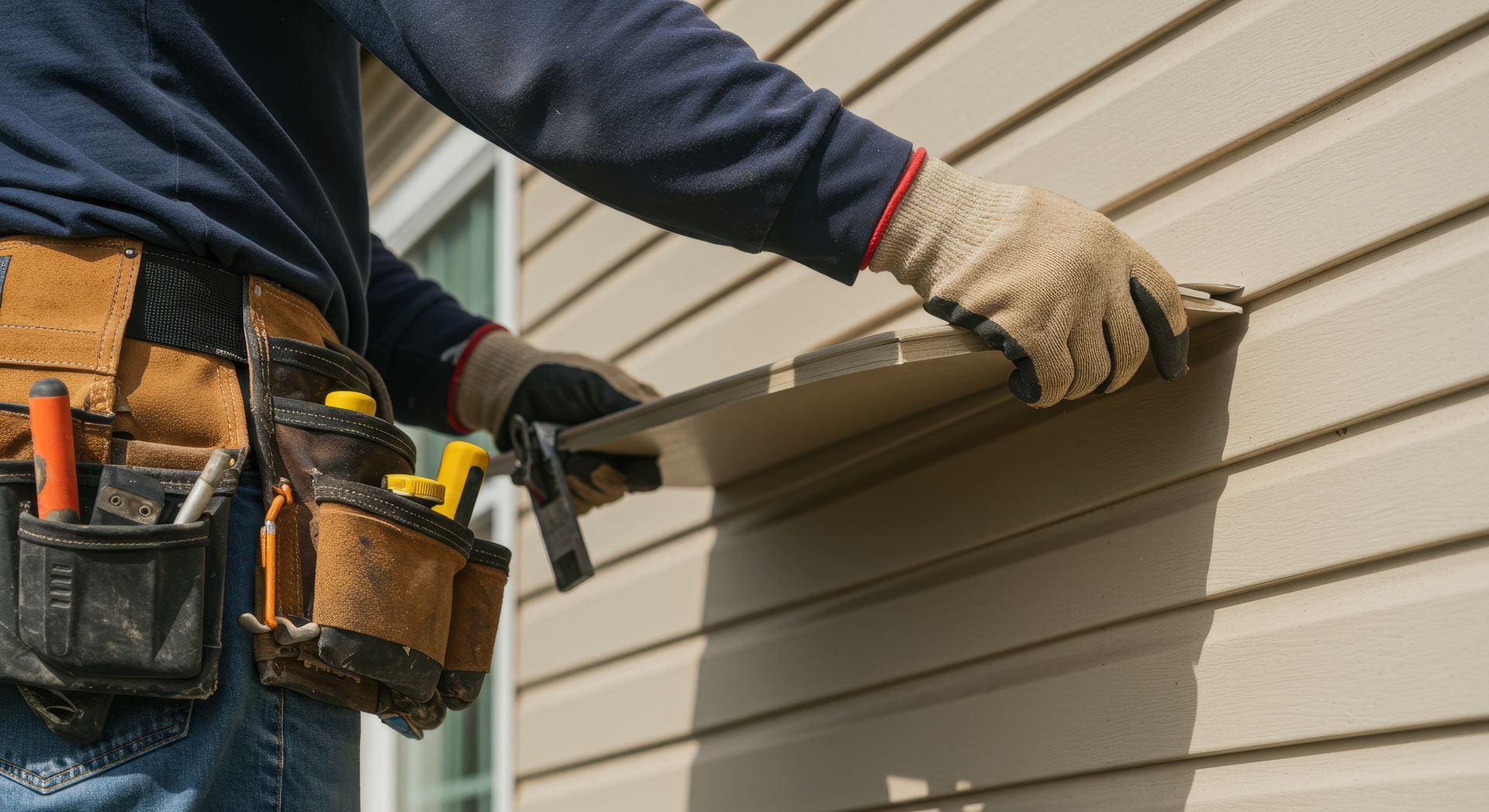Siding contractor with tool belt securing an exterior siding panel on a residential home