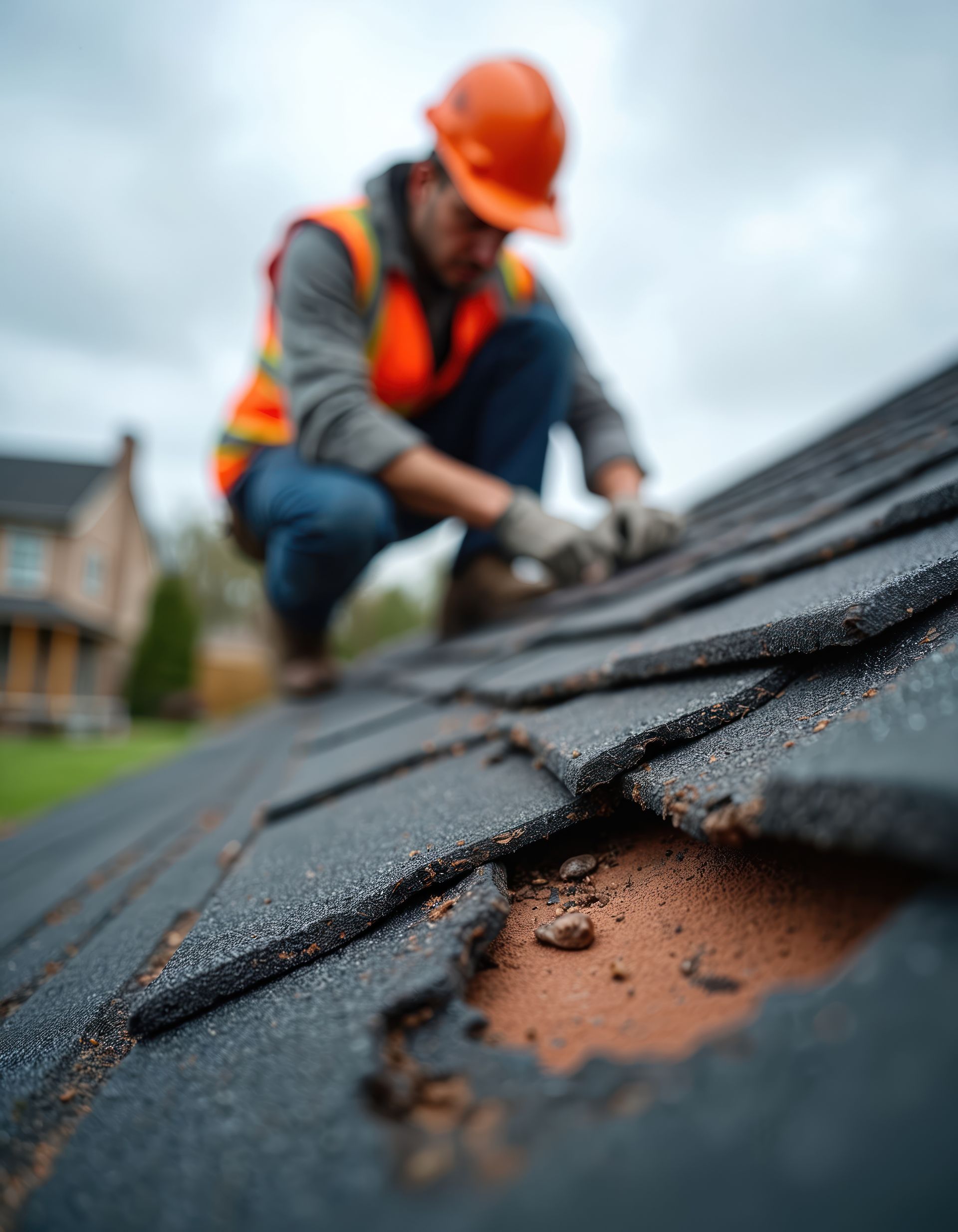 Roofing inspector in high-visibility gear examining cracked and deteriorating shingles on a resident