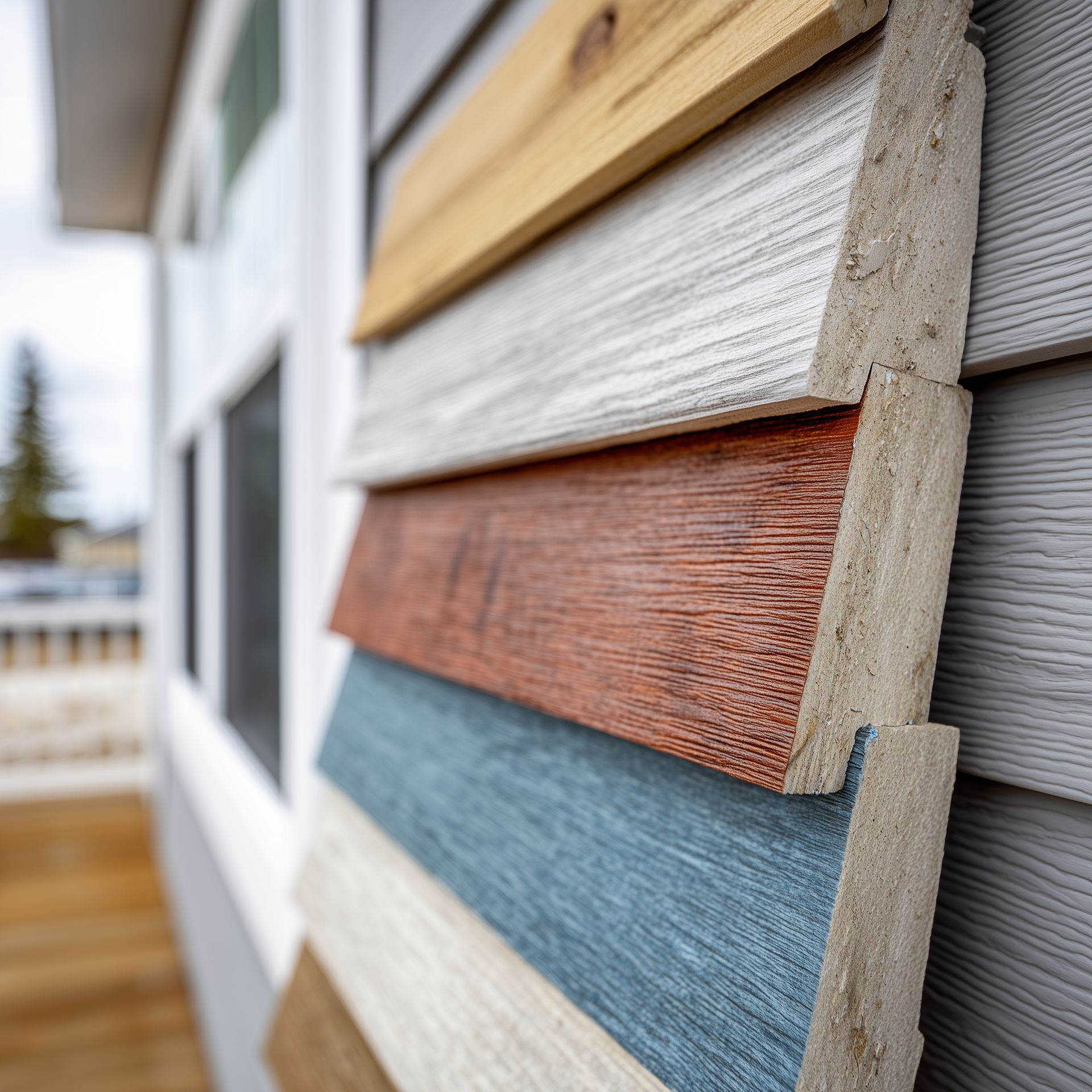 Close-up of multiple siding material samples including fiber cement and vinyl installed side by side