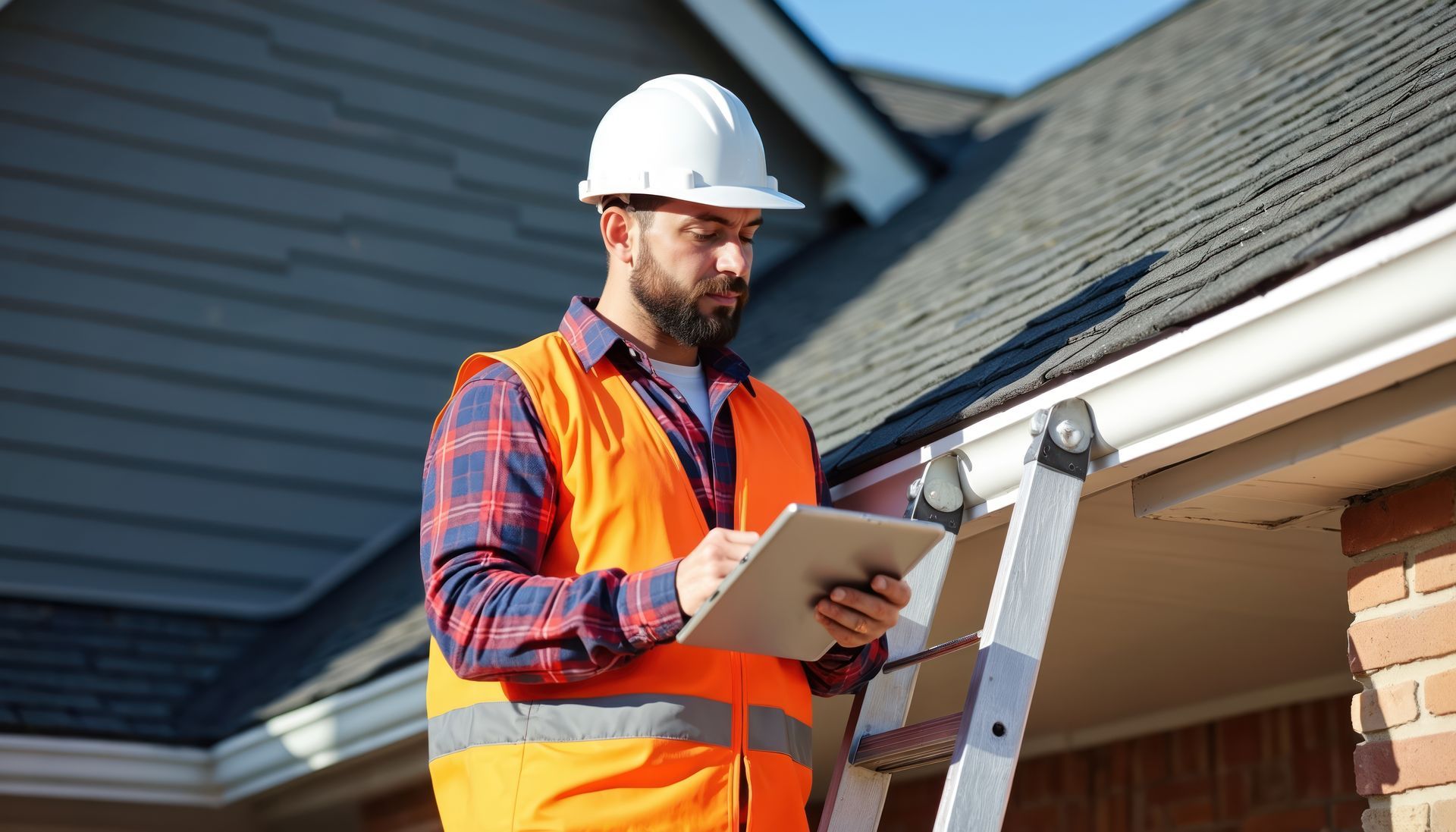 Local roofer on a ladder inspecting a residential roof and documenting findings during a roof contractor assessment Local roofer on a ladder inspecting a residential roof and documenting findings during a roof contractor assessment
