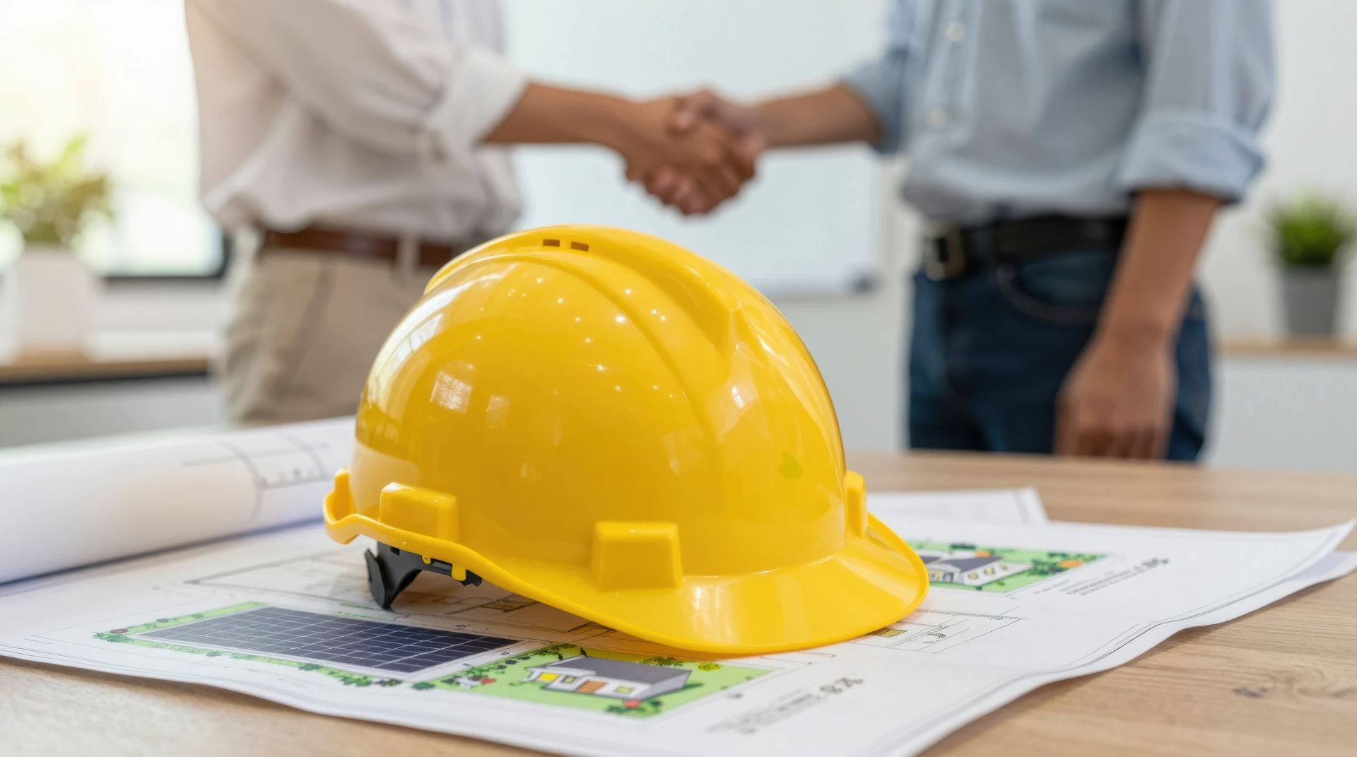 Homeowner and roofing contractor shaking hands over project plans during a roof replacement consultation Homeowner and roofing contractor shaking hands over project plans during a roof replacement consultation