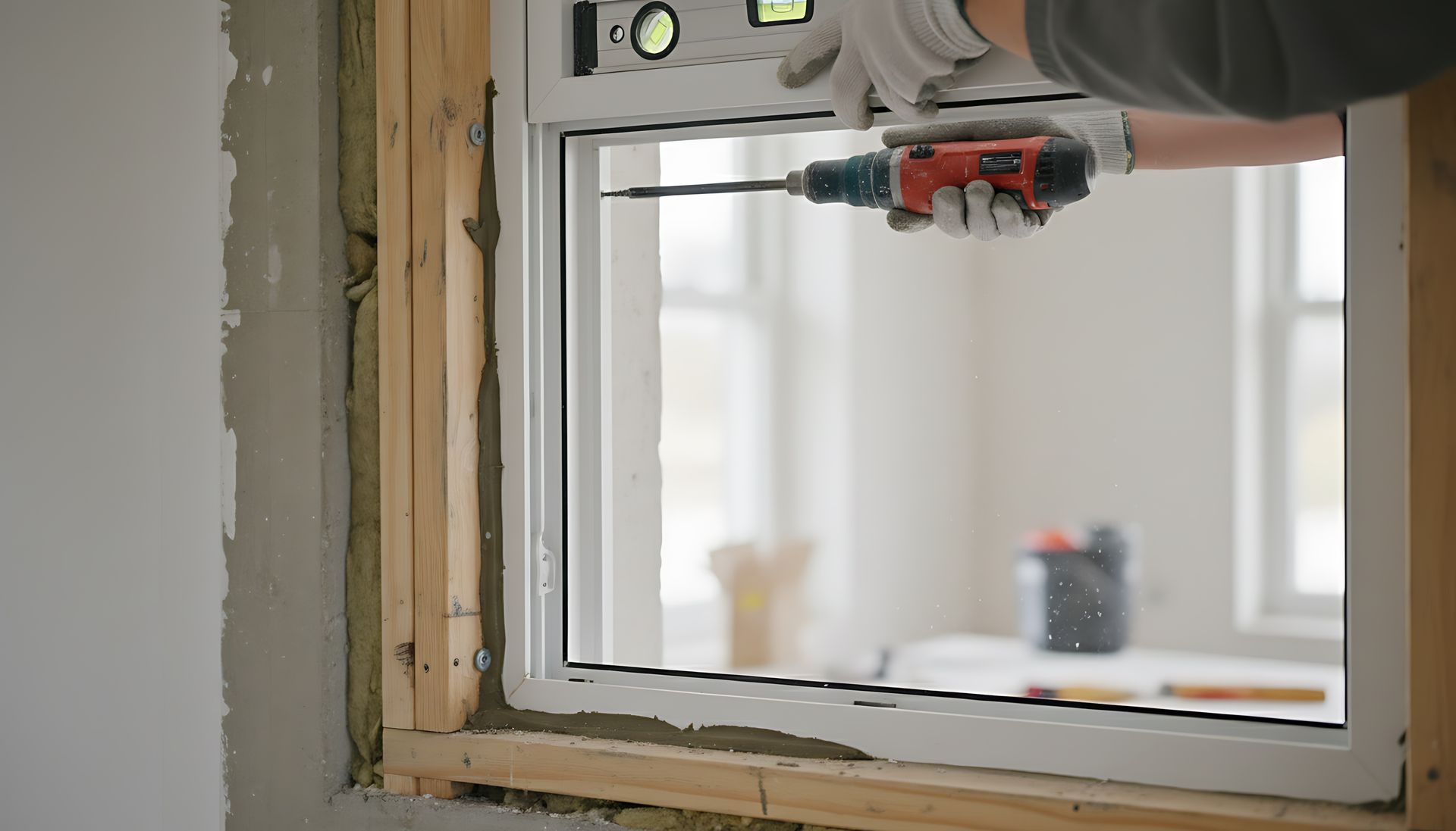 Contractor using a drill to install a new vinyl window frame in a residential home during a window r