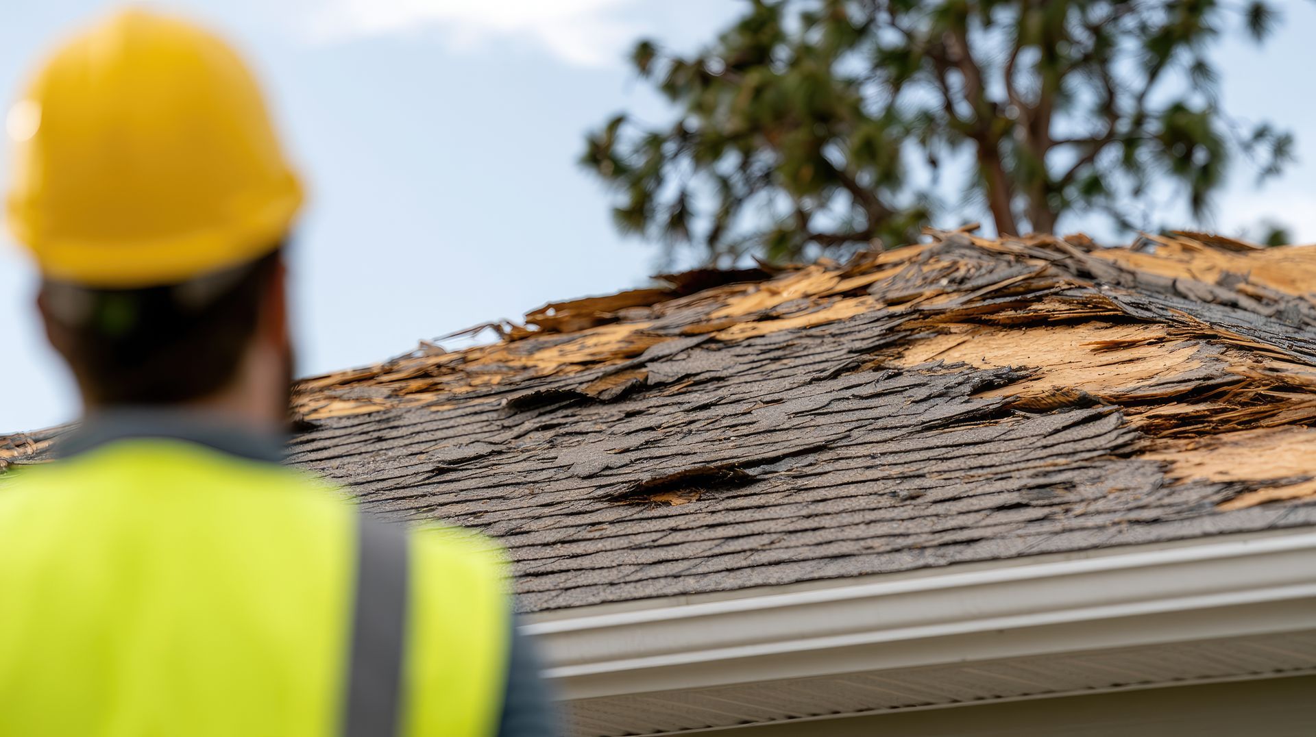 Roofing contractor inspecting severe storm damage on a residential roof during a storm damage repair assessment Roofing contractor inspecting severe storm damage on a residential roof during a storm damage repair assessment