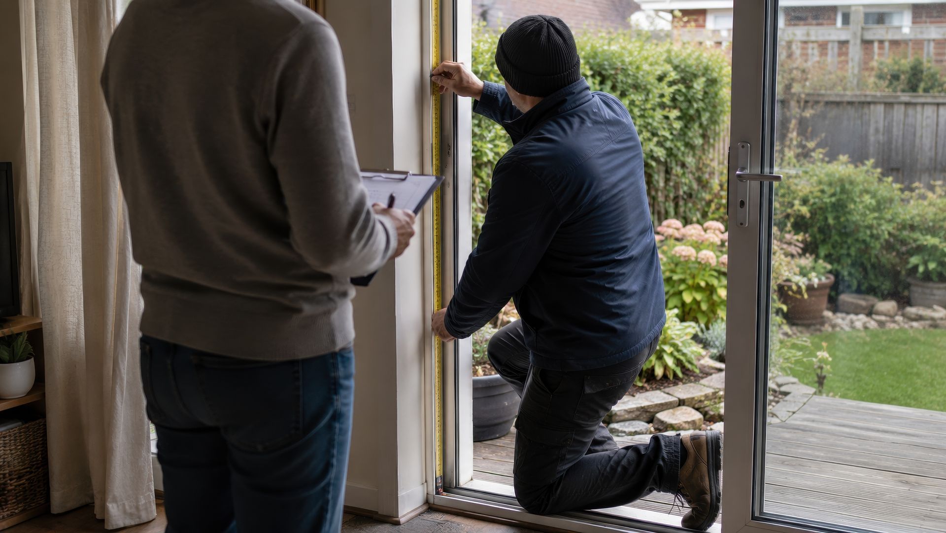 Contractor inspecting and measuring a residential door frame during a home door replacement assessment Contractor inspecting and measuring a residential door frame during a home door replacement assessment