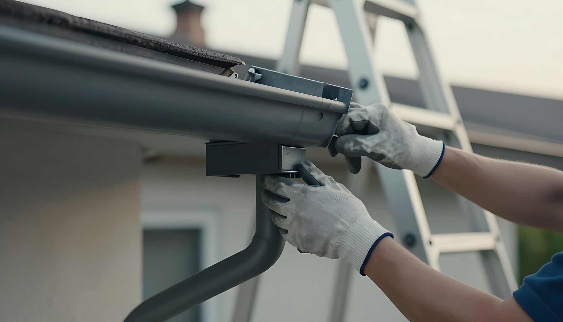 Contractor securing a gutter section to a residential roofline during a professional gutter installation service