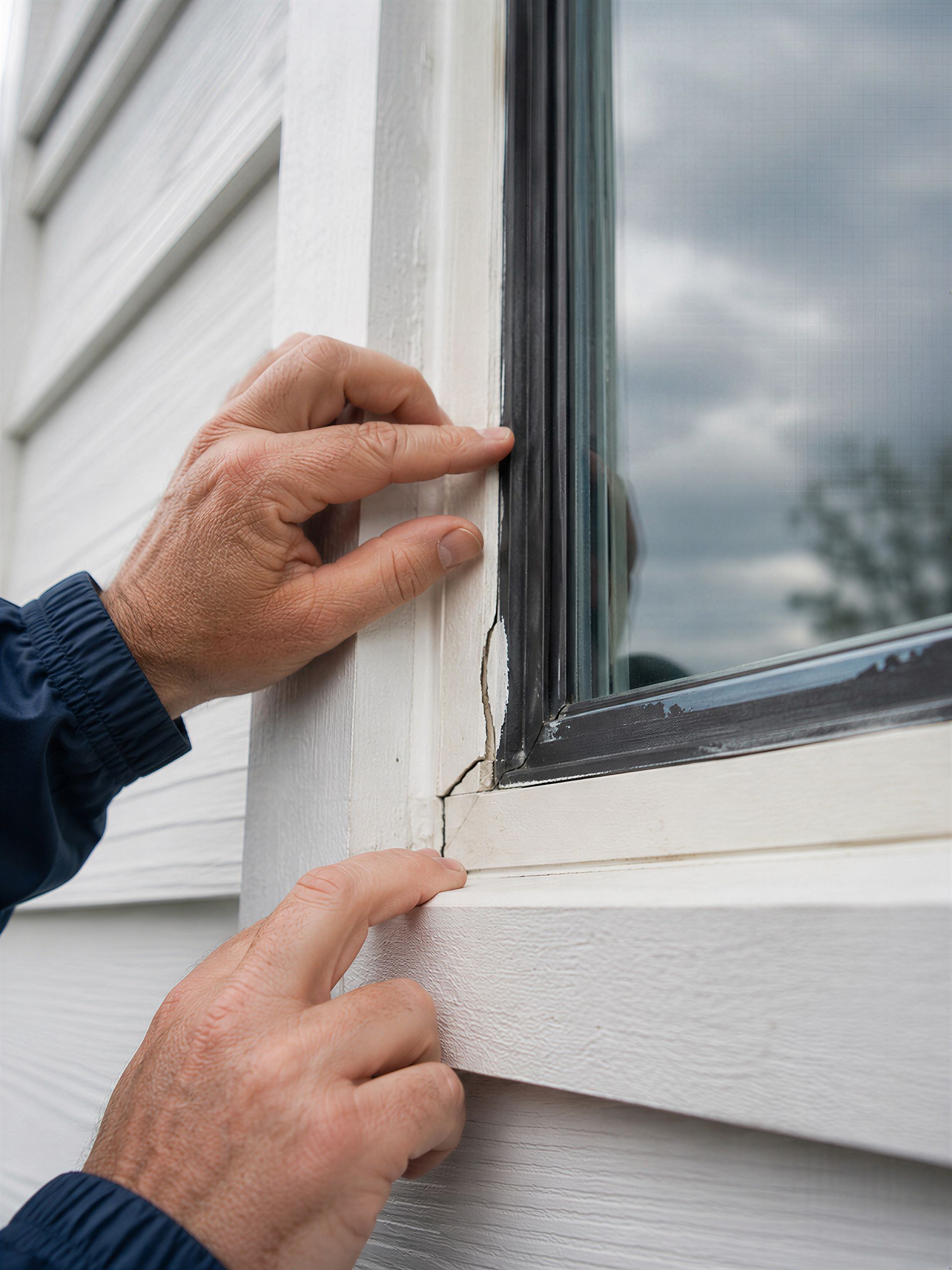 Homeowner inspecting cracked and failing window frame seal as a sign of needed window replacement Homeowner inspecting cracked and failing window frame seal as a sign of needed window replacement