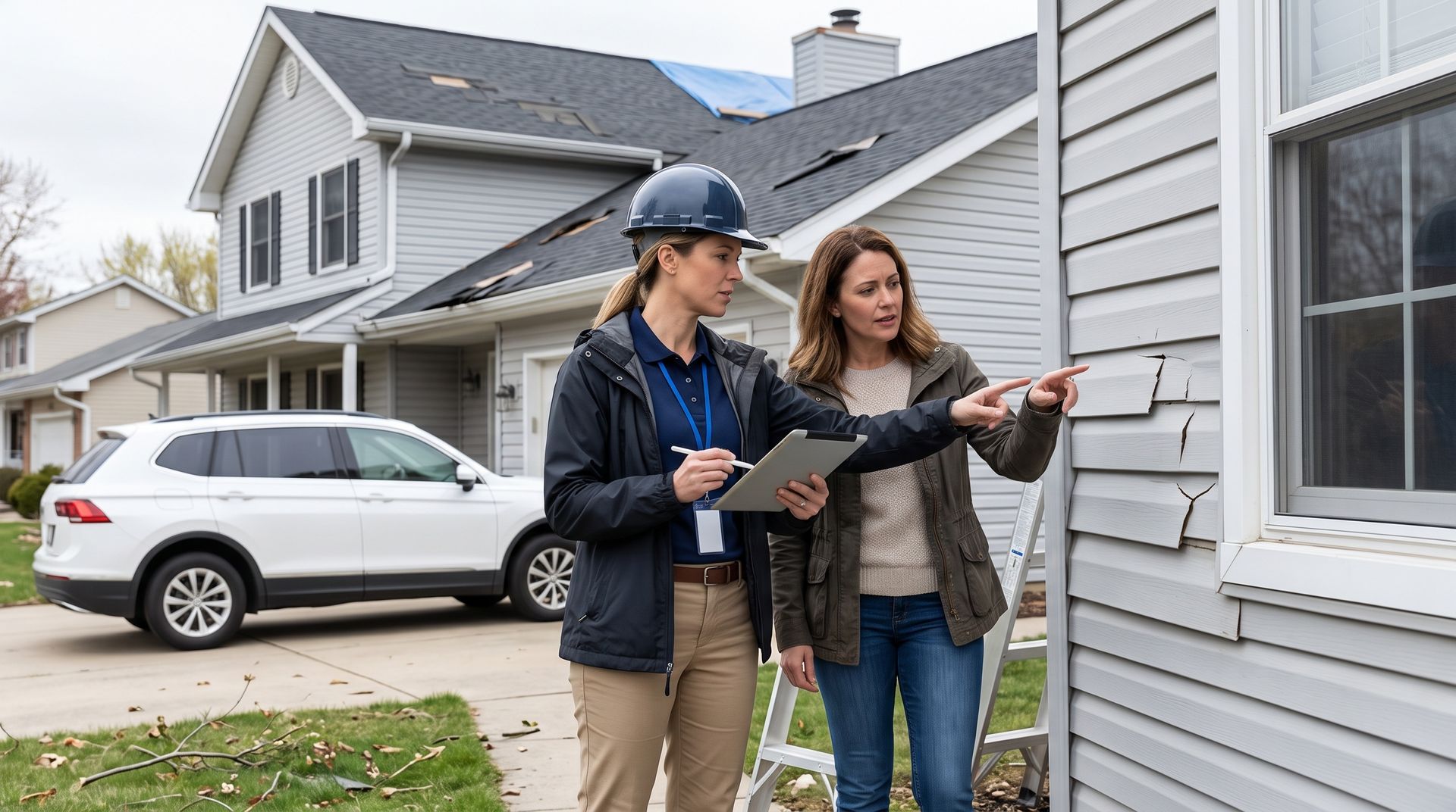 Homeowner and storm damage repair contractor assessing exterior damage during a post-storm inspection