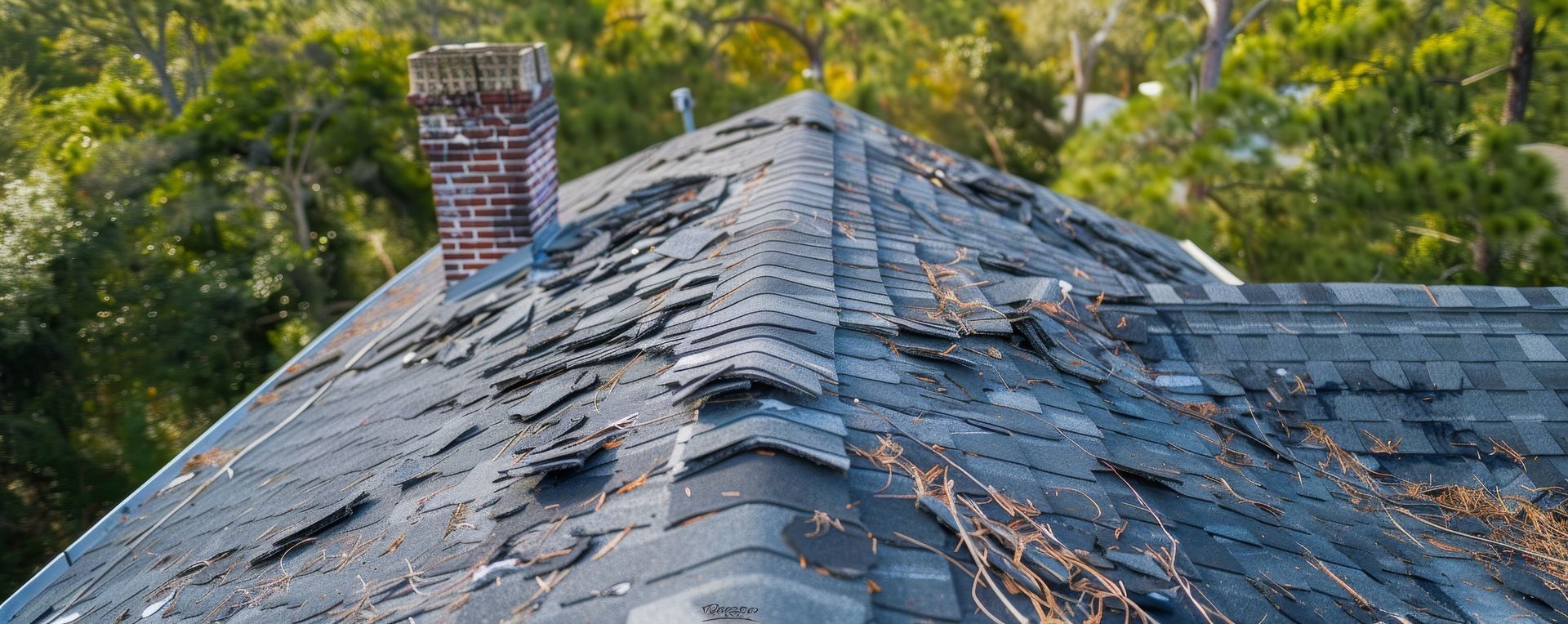 Severely deteriorated residential roof with curling and lifted shingles indicating the need for full