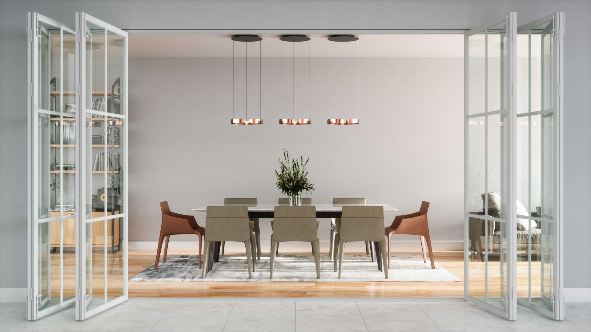 A dining room with a table and chairs and sliding glass doors | Siefken Roofing and Remodeling Services in Omaha, NE
