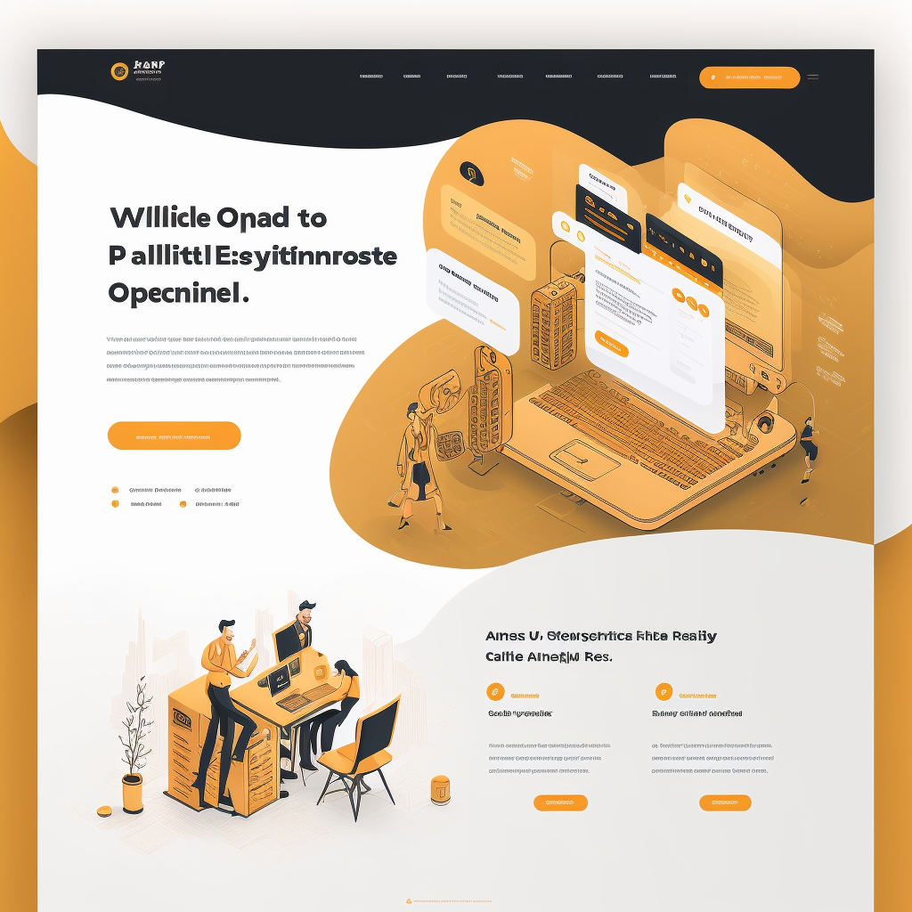 Conception de site web avec un ordinateur portable, des employés de bureau et des graphismes abstraits orange et noir.