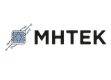 Logo MHTEK avec une icône de puce bleue de style circuit imprimé et un texte noir gras sur fond blanc