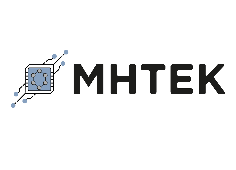 Logo MHTEK avec une icône de puce bleue de style circuit imprimé et un texte noir gras sur fond blanc