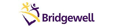 Logo for Bridgewell: Purple and yellow abstract figures with the name in purple.