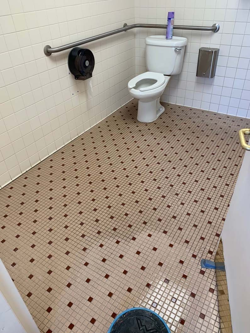 Accessible restroom with a white toilet, L-shaped grab bars, toilet paper dispenser, and patterned tile floor.
