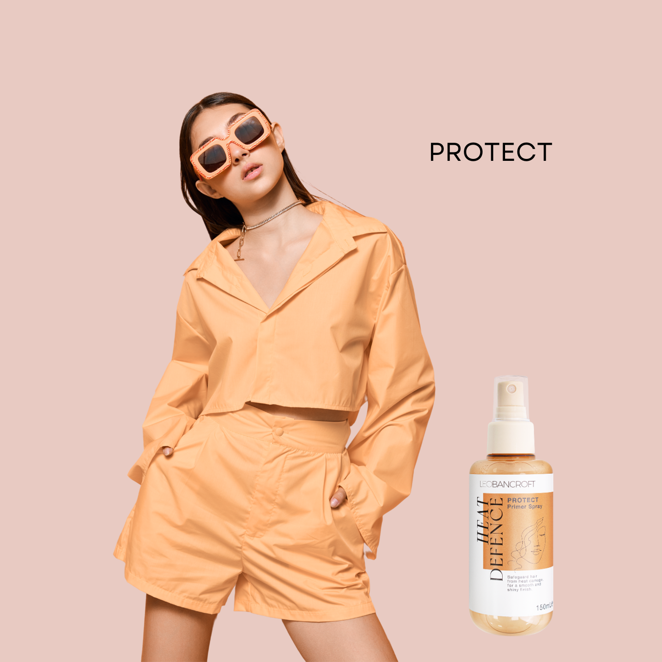 Model in orange outfit with sunglasses beside a sunscreen bottle, with the word “PROTECT” on a pink background.