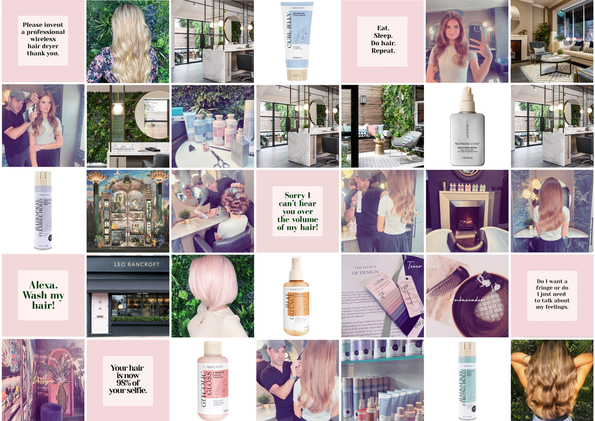 Collage of pastel pink Instagram-style tiles with quotes, perfume bottles, candles, and lifestyle photos