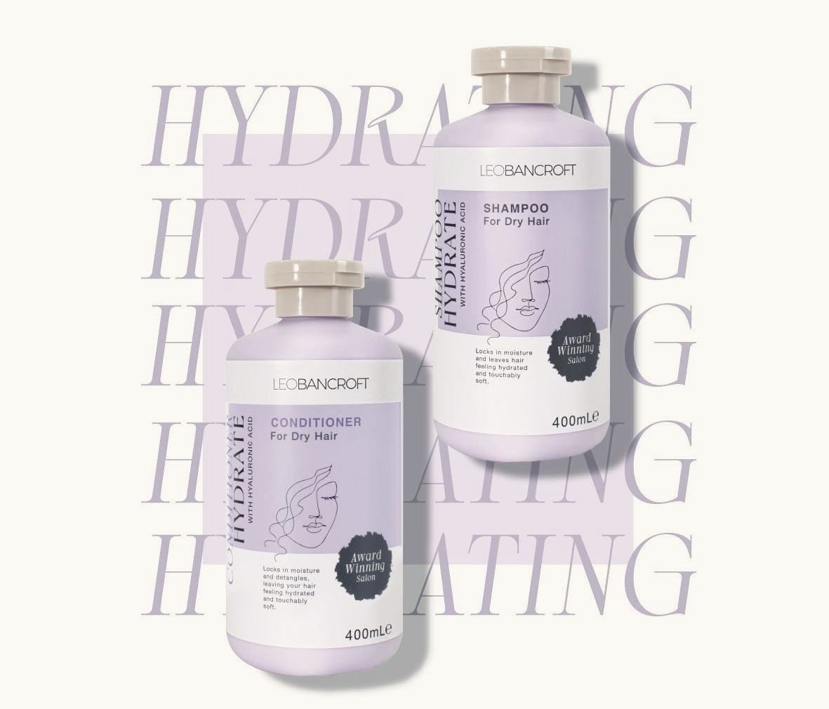 Leo Bancroft supplement bottles on a pale background with large “HYDRATING” text behind them.