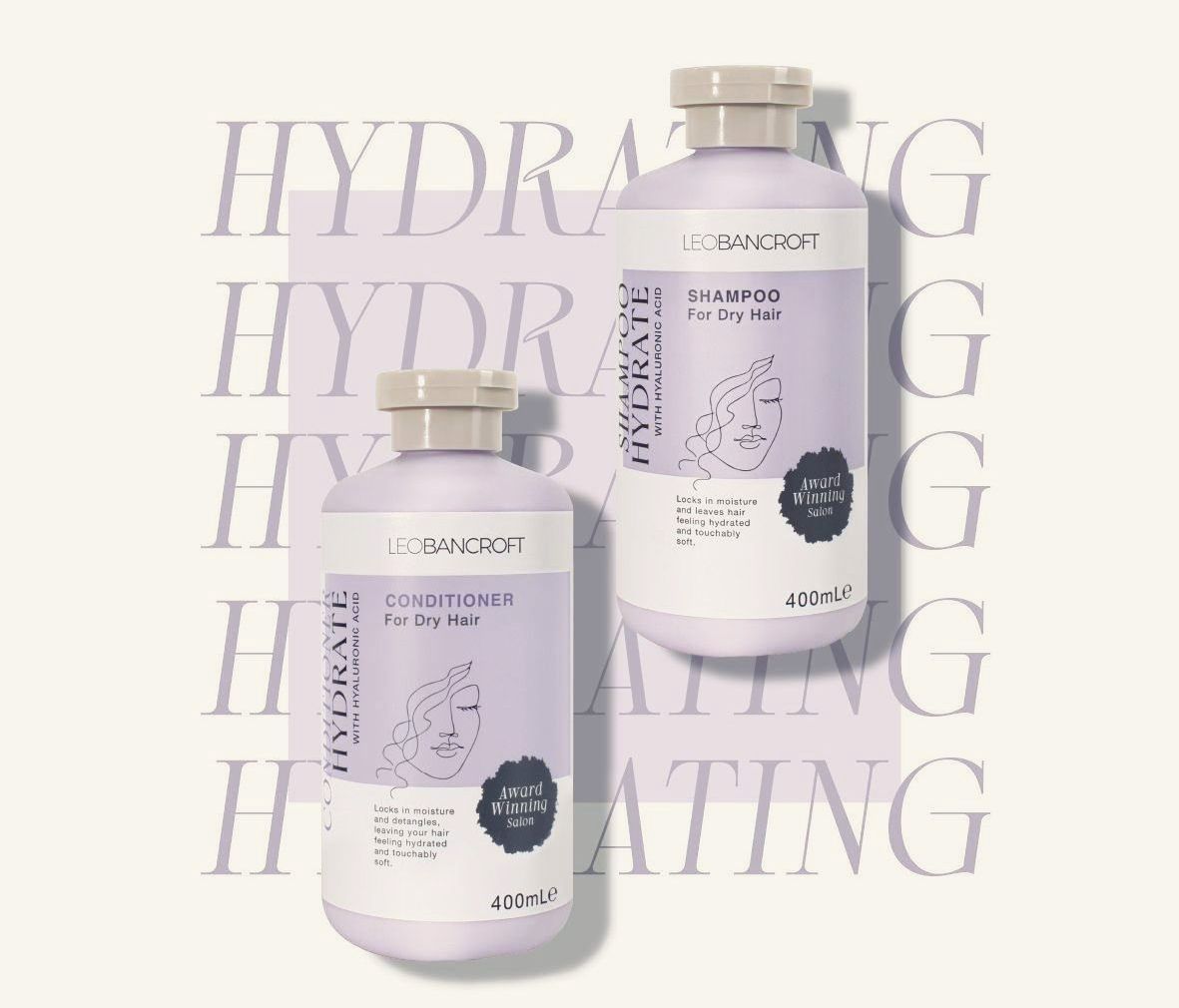 Leo Bancroft lavender hydration supplement bottles on a cream background with repeated “HYDRATING” text