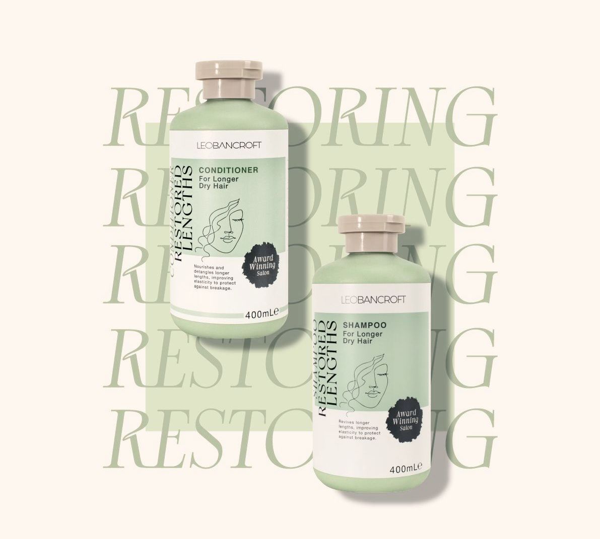 Leo Bancroft mint-green ETU containers on a cream background with repeated “RESTORING” text