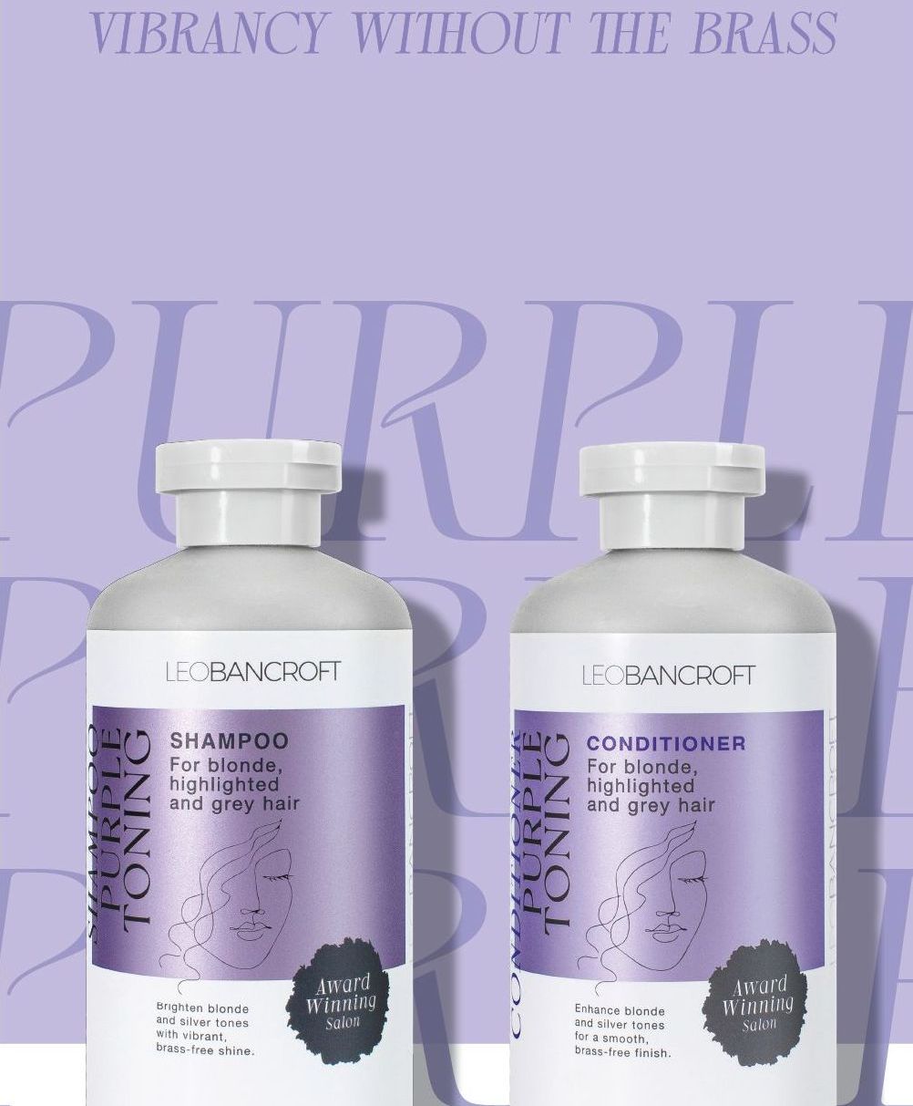 Lavender shampoo and conditioner bottles on a purple background with “VIBRANCY WITHOUT THE BRASS” text