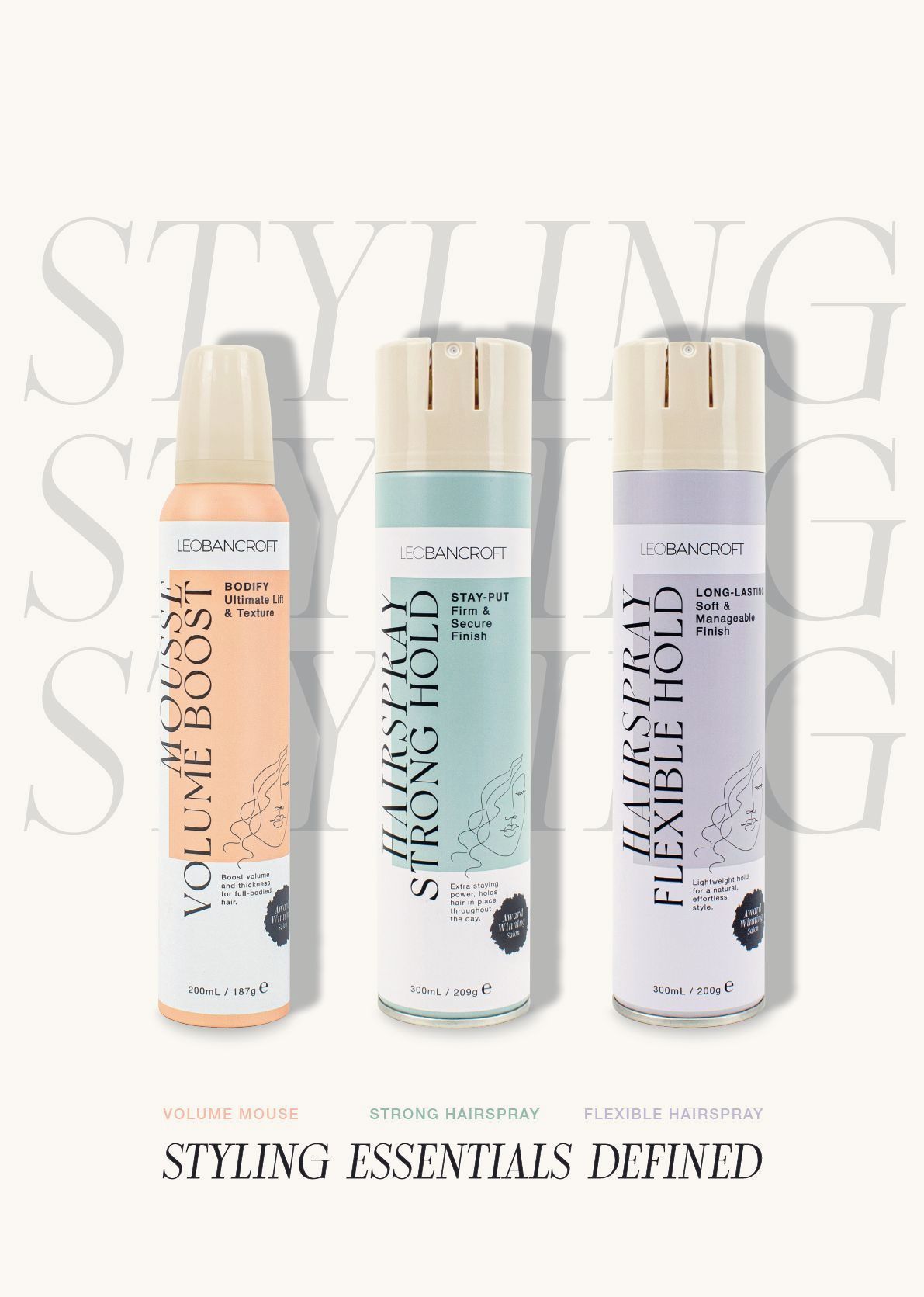 Leo Bancroft hair product bottles with gold caps on a pale background, labeled “Styling Essentials Defined”