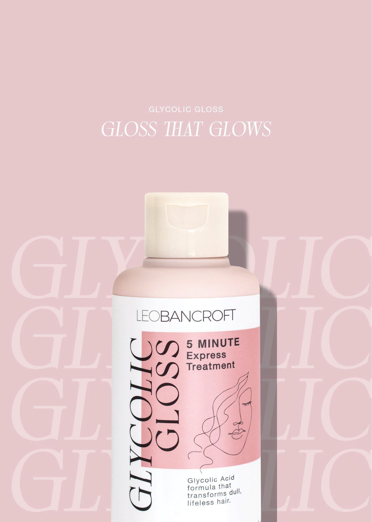 Glossy pink hair product bottle on a pastel pink background with “Gloss that glows” text