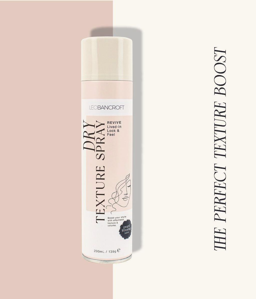 Leo Bancroft Textured spray bottle on beige and blush background with “The Perfect Texture Boost” text.