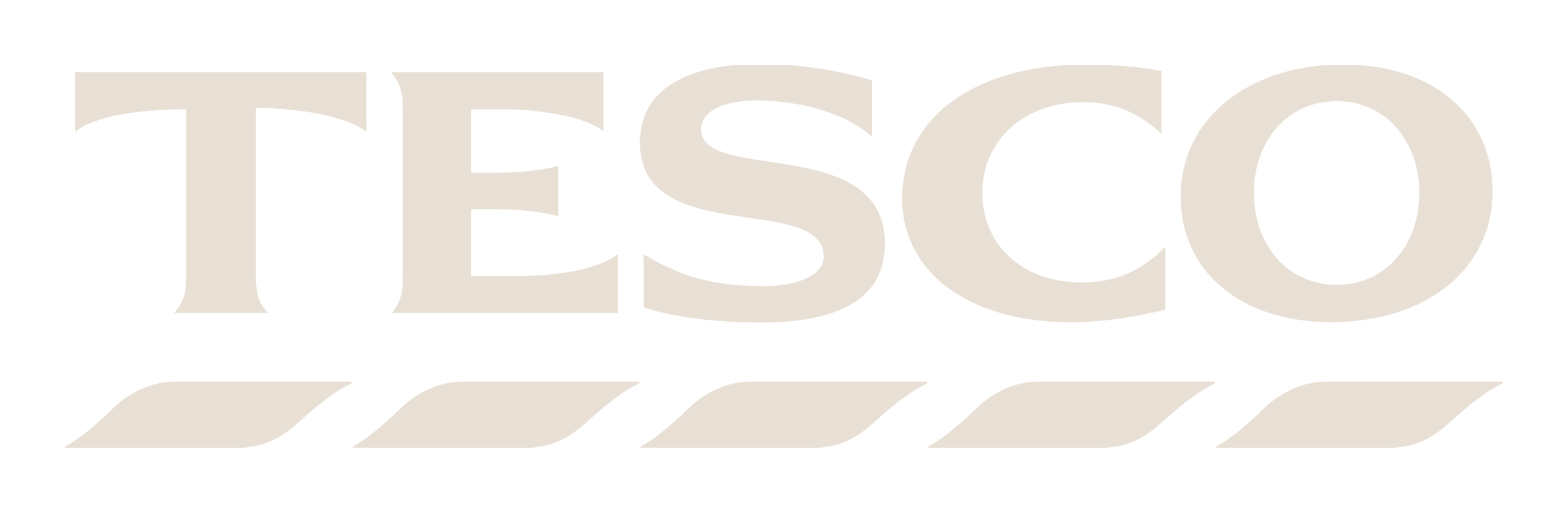 TESCO logo in beige with diagonal stripes underneath