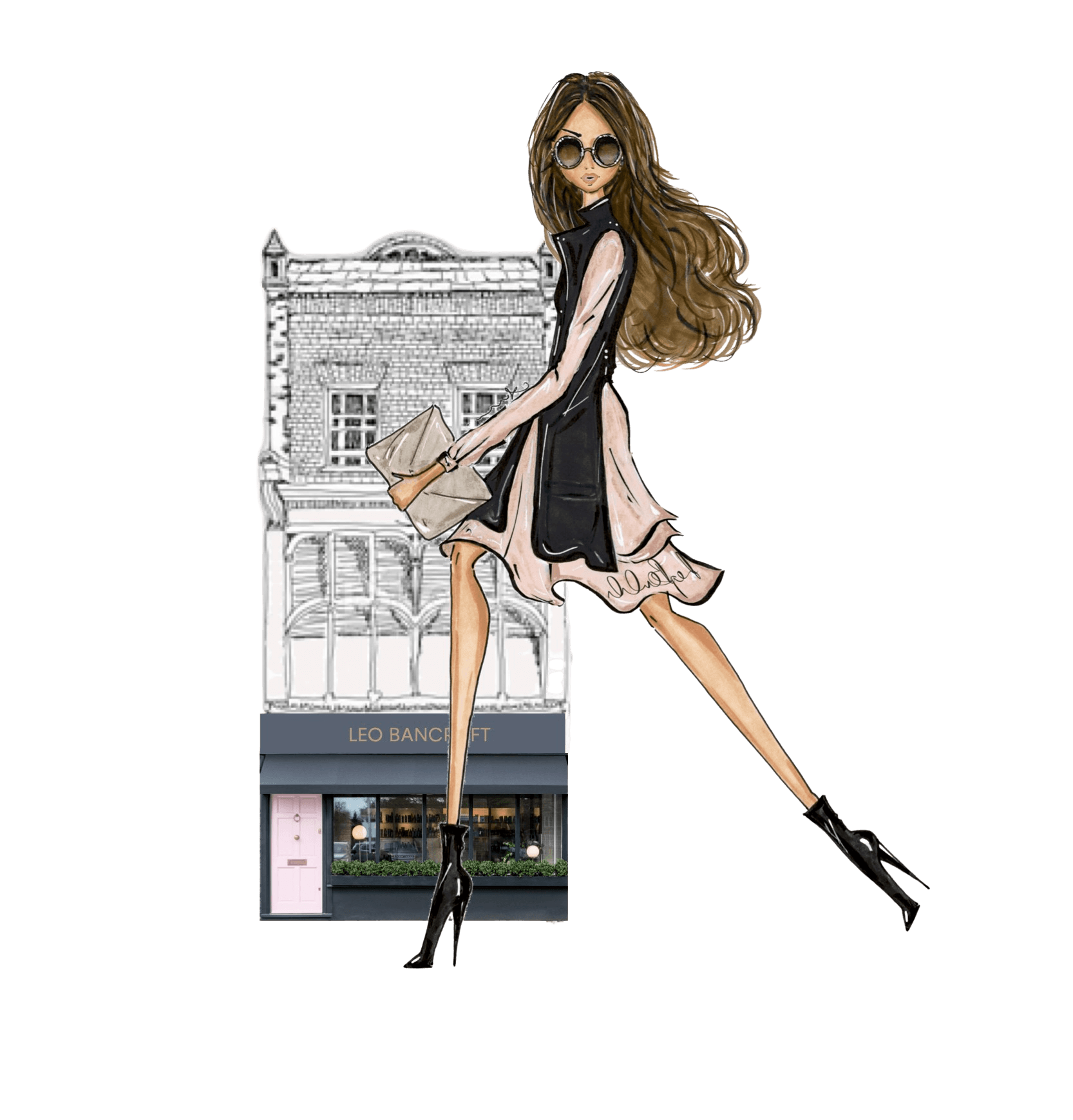 Leo Bancroft Fashion illustration of a woman in a black dress and heels, stepping in front of a boutique storefront.
