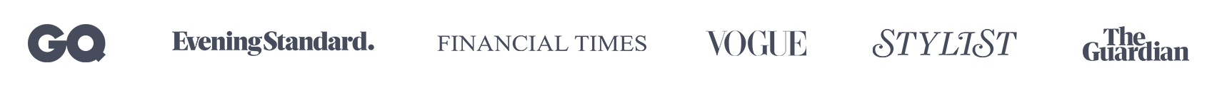 Six news site logos in grayscale on a white banner: Evening Standard, Financial Times, Vogue, and others.