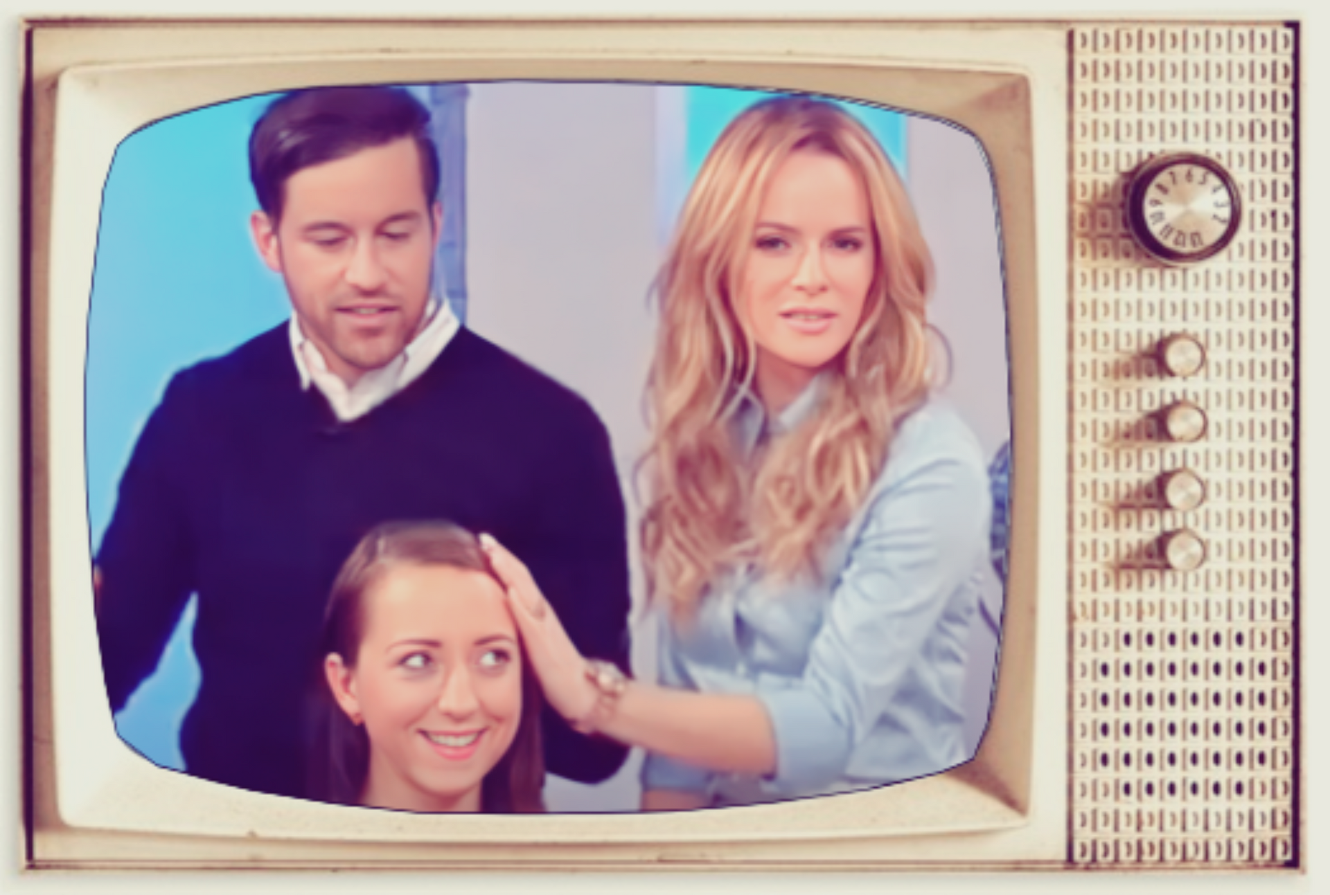 Three people posing inside a vintage TV screen, with a blonde woman resting her hand on another woman's head.
