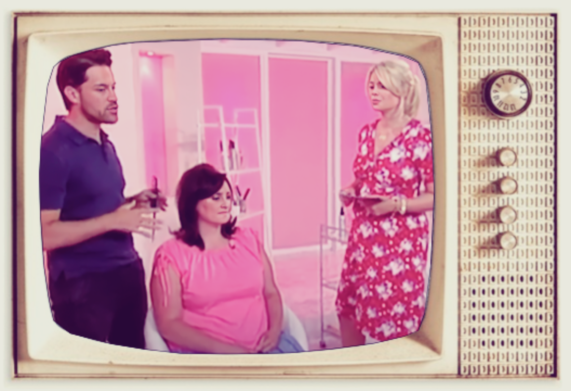 Three people in a pink retro TV studio, with a vintage television frame around them.