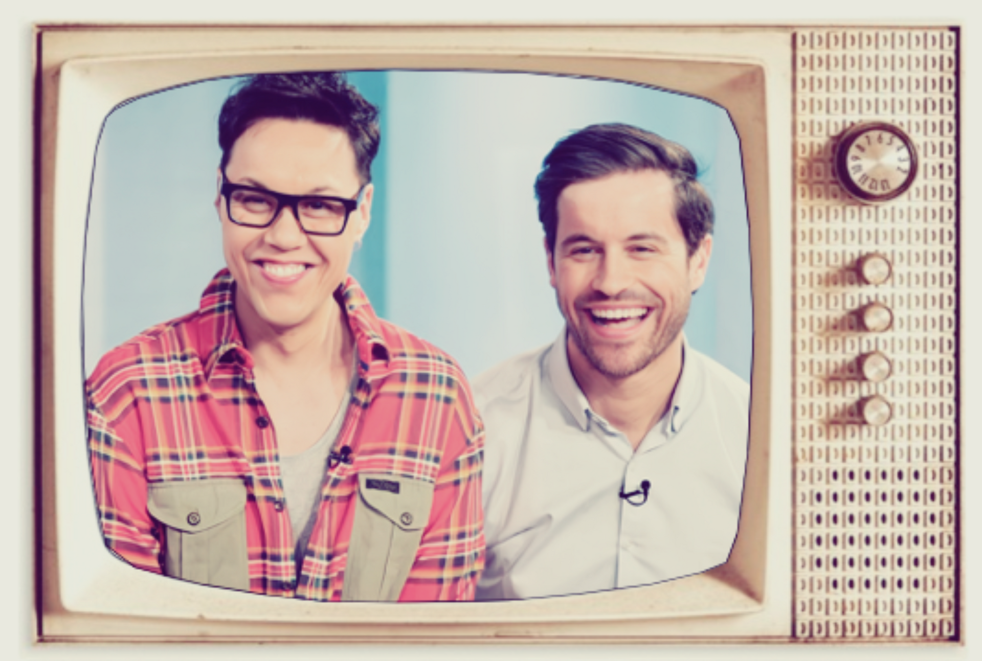 Two smiling men on a retro TV screen, one in glasses and a plaid shirt, one in a white shirt.