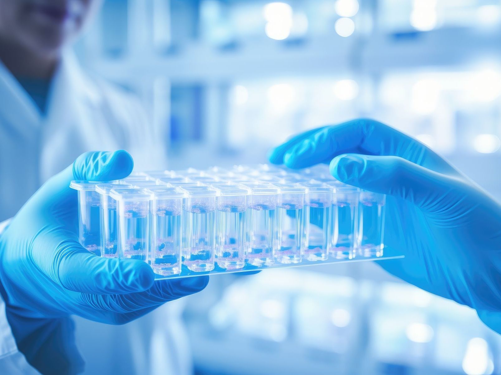 A person wearing blue gloves is holding a tray of test tubes.