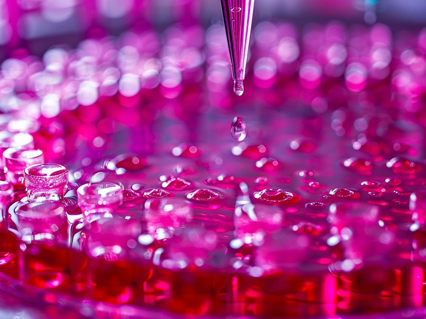 A pipette is dropping a drop of liquid into a petri dish.