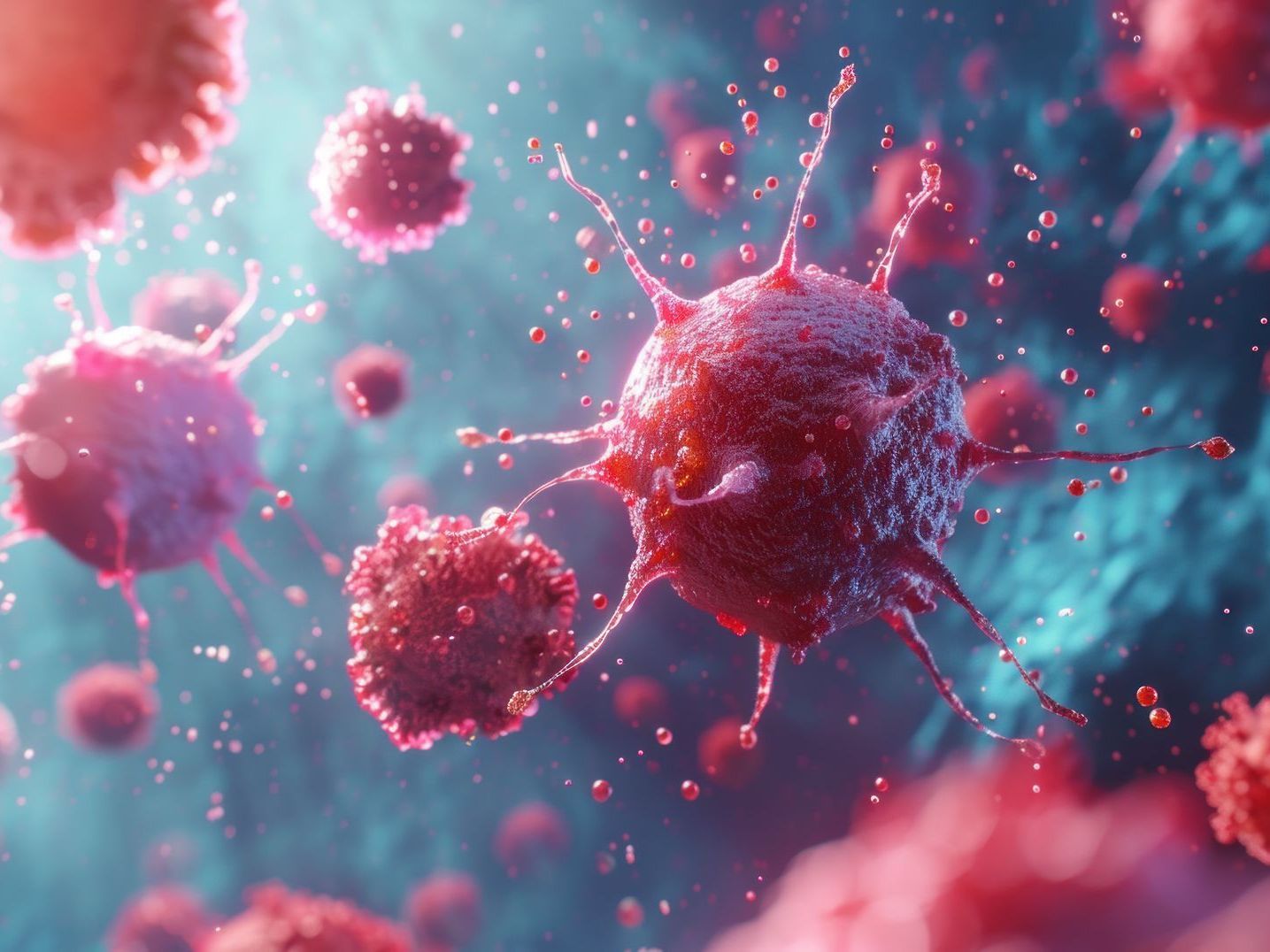 A computer generated image of a group of red cells floating in the water.