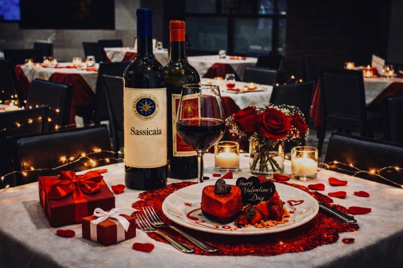 tavolo di un ristorante apparecchiato per San Valentino