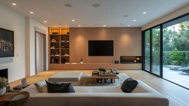 Modern living room with a large sectional, wood accent wall, TV, and floor-to-ceiling glass doors opening to greenery