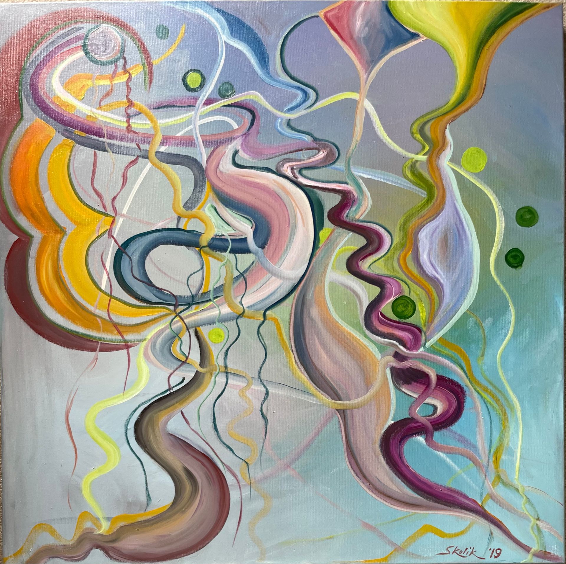 A painting of a colorful swirl