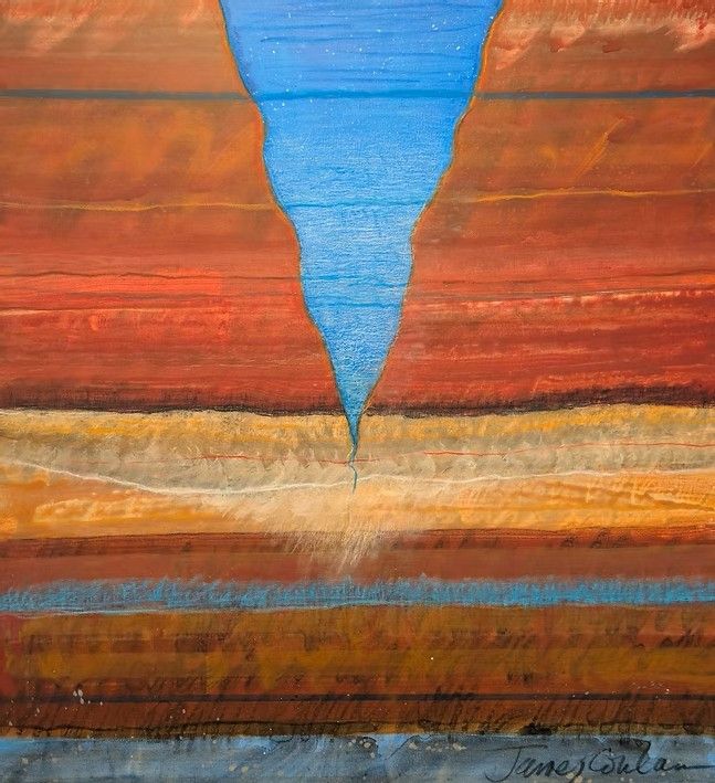 An landscape painting, in earth tones with a center of blue.
