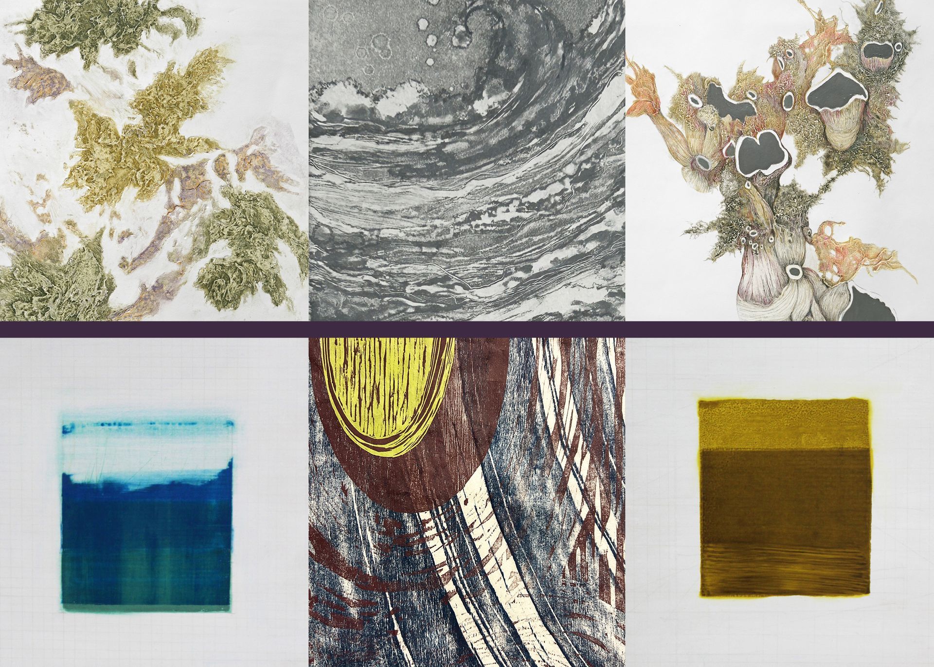 Abstract artwork panels: circles on dark blue, green square, and brushstrokes on white.