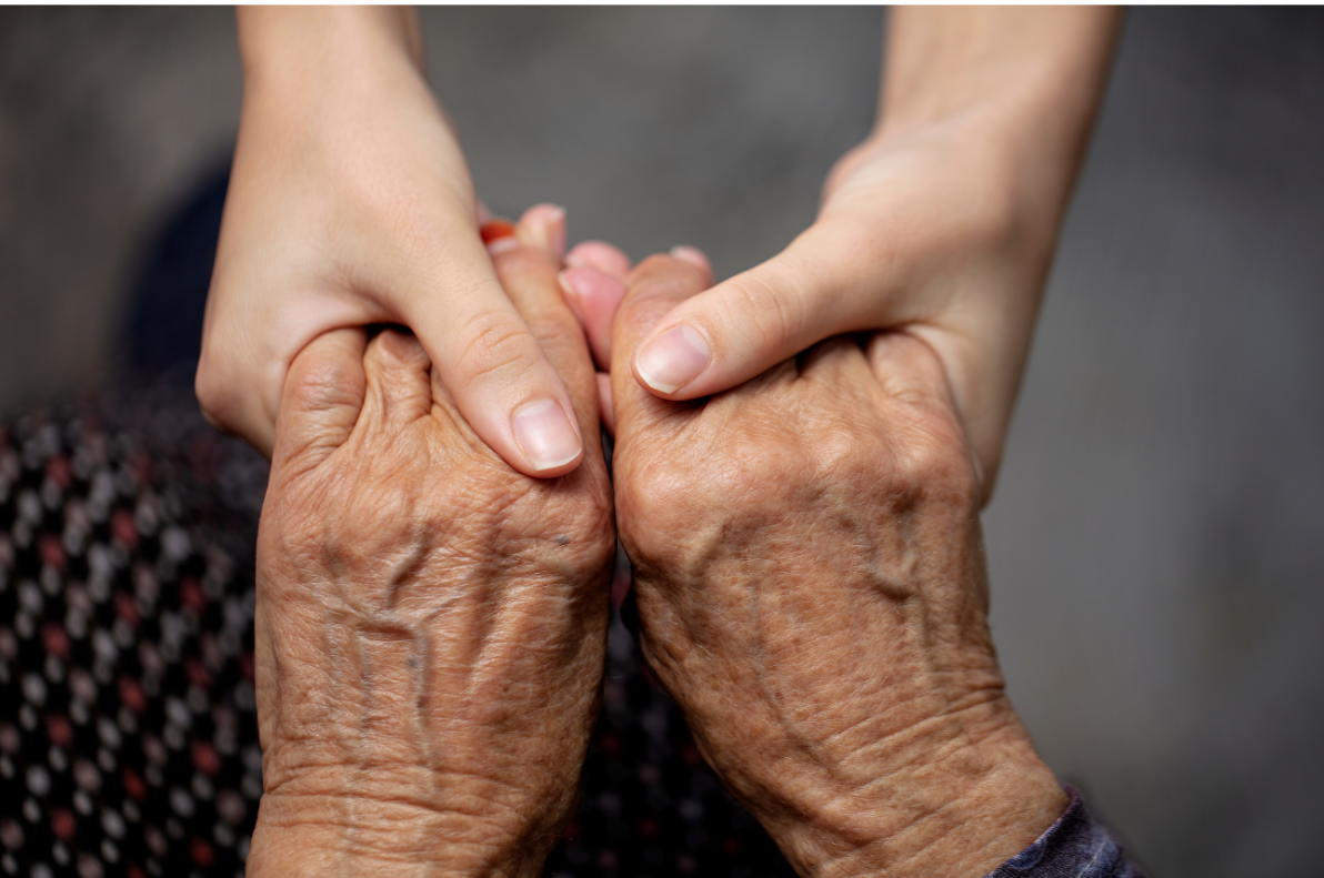 A pair of young hands holding a pair of older hands.