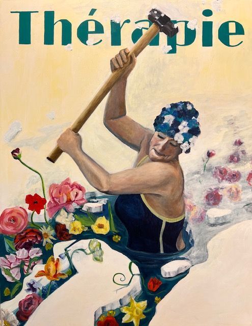 Woman in a swim cap swings a hammer, breaking through flowers. Text reads